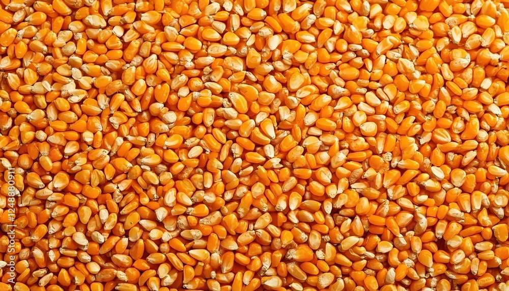 Bright orange corn kernels spread across a surface in an agricultural setting Bright orange corn kernels spread across a surface in an agricultural setting
