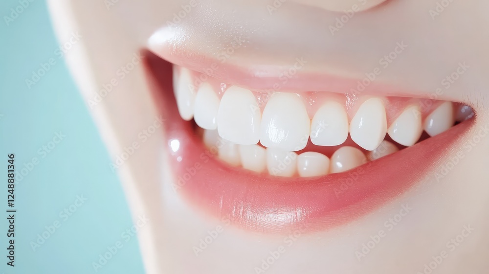 Fototapeta premium Capturing a close up of a perfect smile featuring bright white teeth and soft pink lips, embodying ideals of oral hygiene, dental care, and cosmetology while radiating beauty and confidence