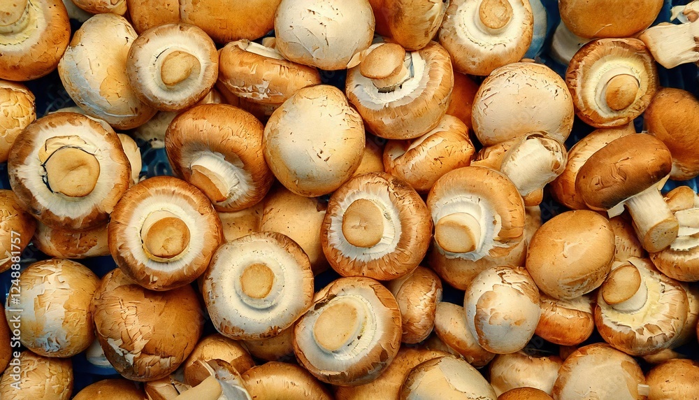 Freshly harvested mushrooms displayed at a local market in the early afternoon Freshly harvested mushrooms displayed at a local market in the early afternoon