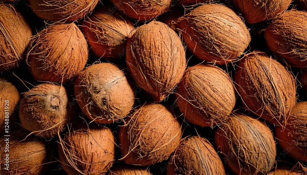 Freshly harvested coconuts arranged in a natural display ready for processing Freshly harvested coconuts arranged in a natural display ready for processing