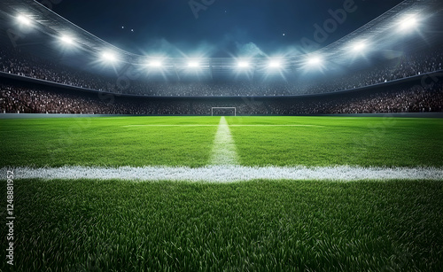 Vibrant green soccer field in a vast stadium under brilliant stadium lights awaiting the kickoff of an anticipated sporting event photo