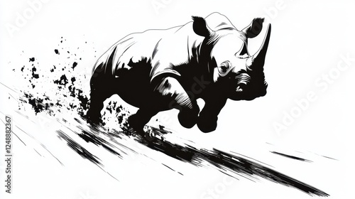 Dynamic Running Rhino in Bold Black and White Artistic Style