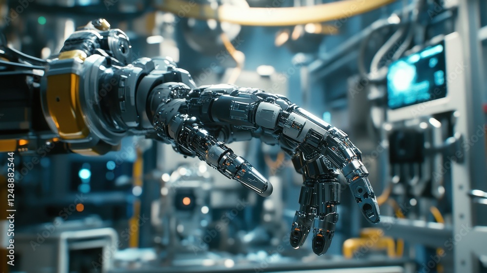 Fototapeta premium Close up of a highly detailed robotic hand in a cutting edge laboratory, showcasing advanced technology and engineering. The scene highlights innovation in robotics and artificial intelligence
