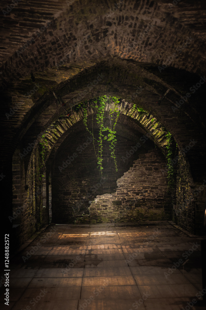 Corridor in an abandoned old building, resembling a historic monastery. Corridor in an abandoned old building, resembling a historic monastery.