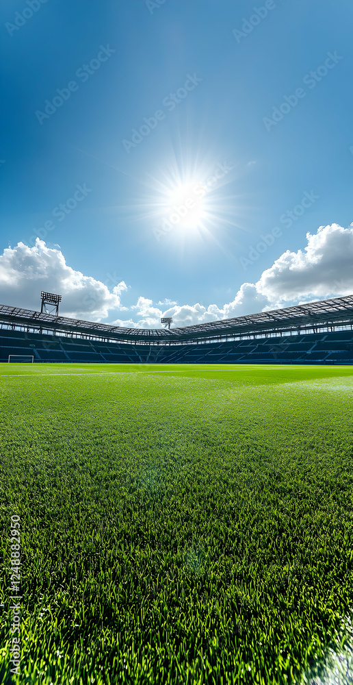 Fototapeta premium Sun-Kissed Grandeur, A Sweeping Vista of a Lush Sports Arena Under a Vibrant Blue Sky Enhanced by Natural Light and Scattered Clouds