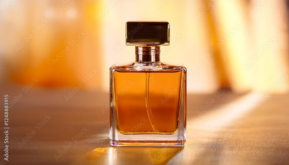 Elegant Blank Perfume Bottle Mockup with Amber Liquid in a Warm Temperature. Perfume with Amber Background and Natural Daylight. Elegant Blank Perfume Bottle Mockup with Amber Liquid in a Warm Temperature. Perfume with Amber Background and Natural Daylight.