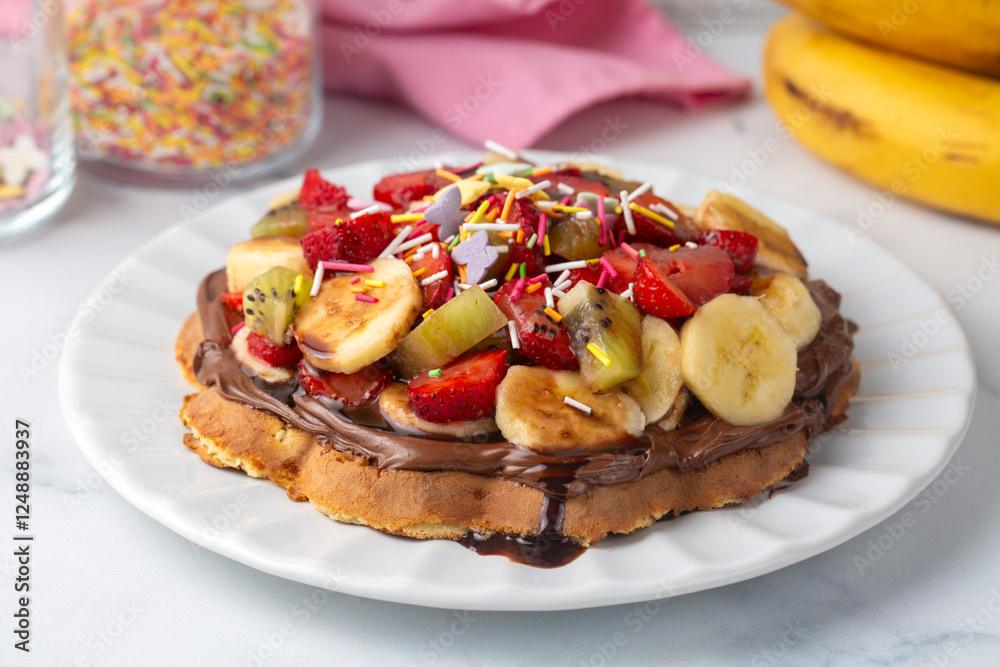 Waffle with mixed fruit and chocolate sauce Turkish style