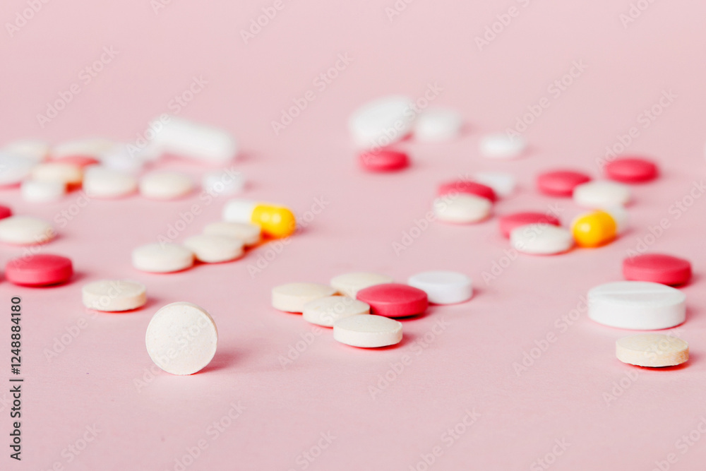 Many different colorful medication and pills perspective view. Set of many pills on colored background