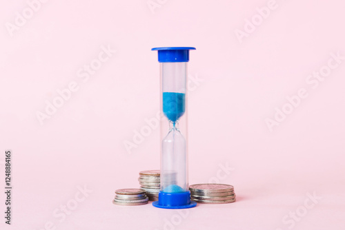 Deadline and time is money concept with hourglass and US coins currency. sand clock time for saving concept