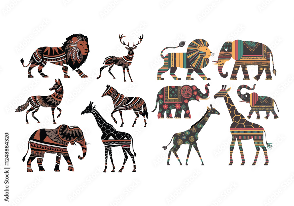Naklejka premium A vector illustration of animal silhouettes with intricate ornamental patterns. The animals are a lion, an elephant, a zebra, a giraffe, a rhinoceros, and a hippopotamus. Each animal