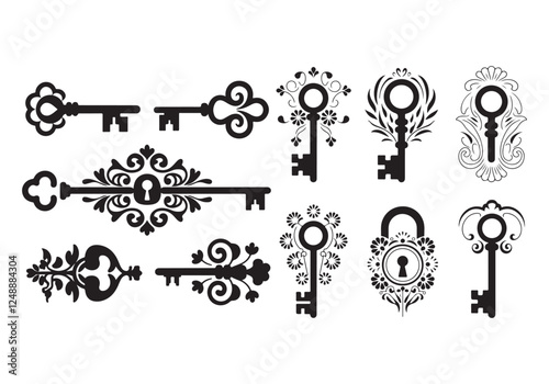 A sleek silhouette style illustration of six different decorative key and lock designs. Each key and lock pair is centered on a line, creating a structured composition. The vector enhances