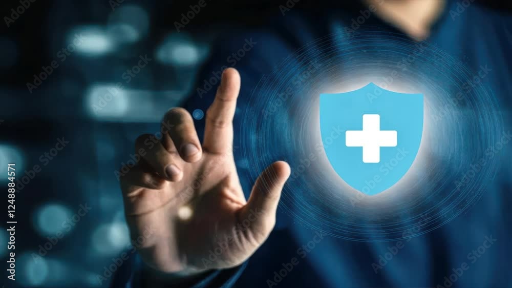 Businessman touching digital healthcare icons on a virtual screen with a blue background and white line icons, illustrating healthcare insurance concept, health insurance, medical insurance