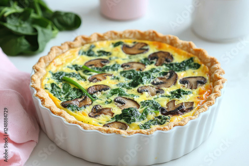 Mushroom and spinach quiche in white ceramic dish