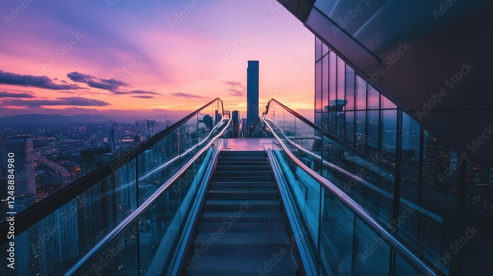Fototapeta premium Stairway to the city skyline, captured during a vibrant sunset glow