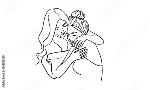 Two girls hugging, continuous line drawing. Support, empathy, friendship. Vector illustration isolated on white background