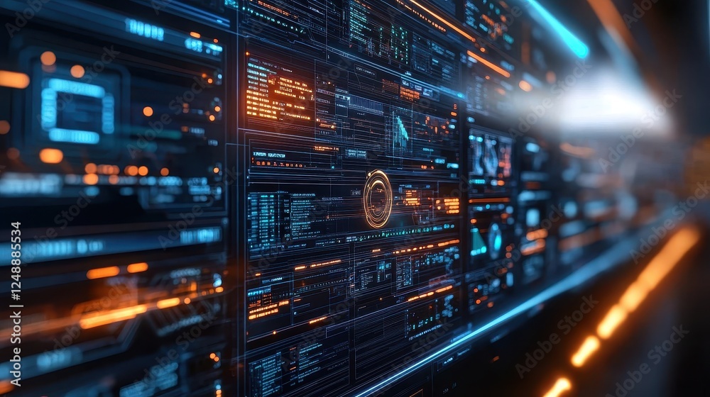 Futuristic data center server room, digital information streams, network security, technology background, website banner Futuristic data center server room, digital information streams, network security, technology background, website banner