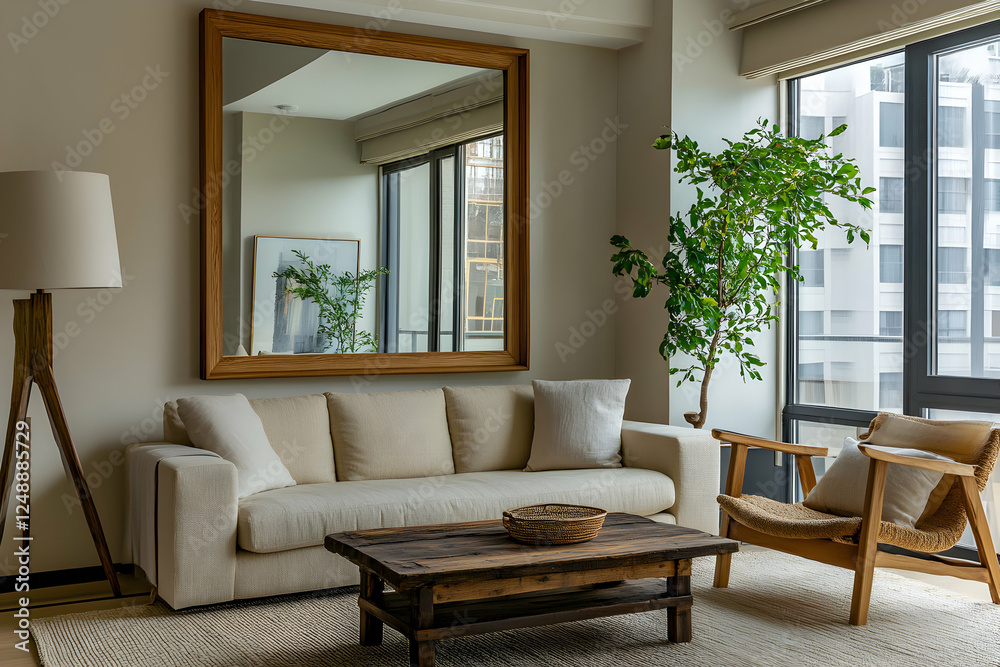 Fototapeta premium Serene living space with rustic wood accents and minimalist decor featuring a sofa, chair, coffee table, and large mirror