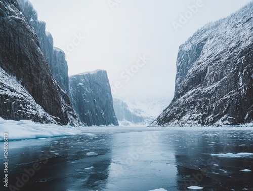 Misty Fjords National Monument with Frozen Waters under Snowy cliffs photo