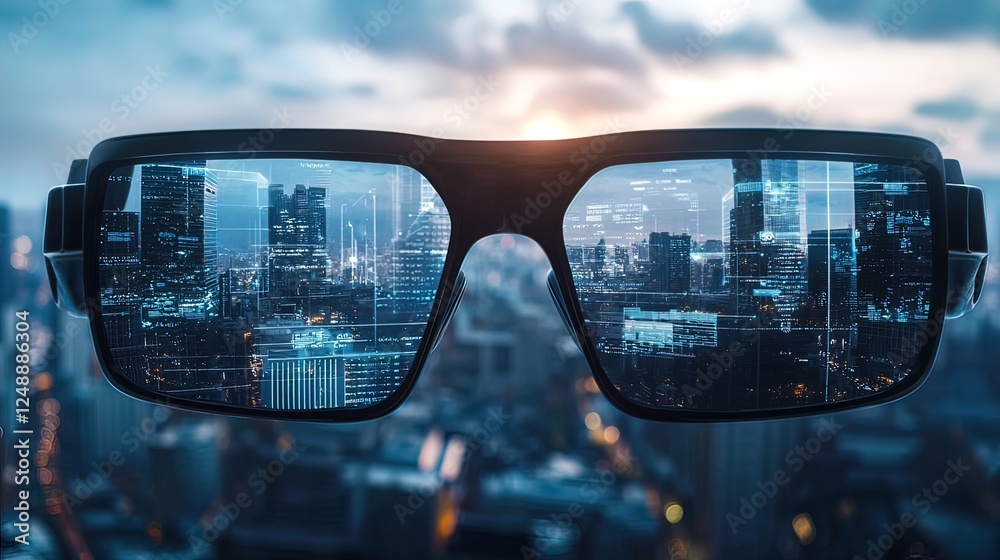 Futuristic glasses showcasing augmented reality cityscape view. Futuristic glasses showcasing augmented reality cityscape view.