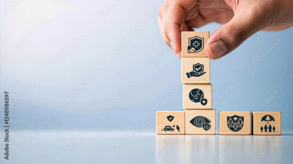 Hand adding wooden block with family heart and car icons to a tower on a light blue background, symbolizing life insurance and healthcare insurance concept, health insurance