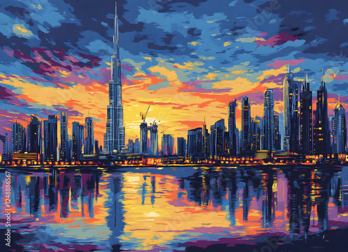 A vibrant skyline rendering of Dubai during the golden hour, with a colorfully reflected urban landscape at dusk on the waterfront photo