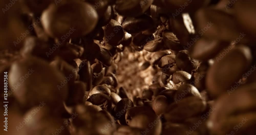Close up of seeds of coffee. Fragrant coffee beans Super Macro Close Up. Shot on super slow motion camera 1000 fps. Close up of seeds of coffee. Fragrant coffee beans Super Macro Close Up. Shot on super slow motion camera 1000 fps.