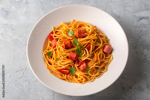 Obraz na płótnie Sausage pasta - octopus spaghetti - Turkish name; Sosisli spagetti w salonie