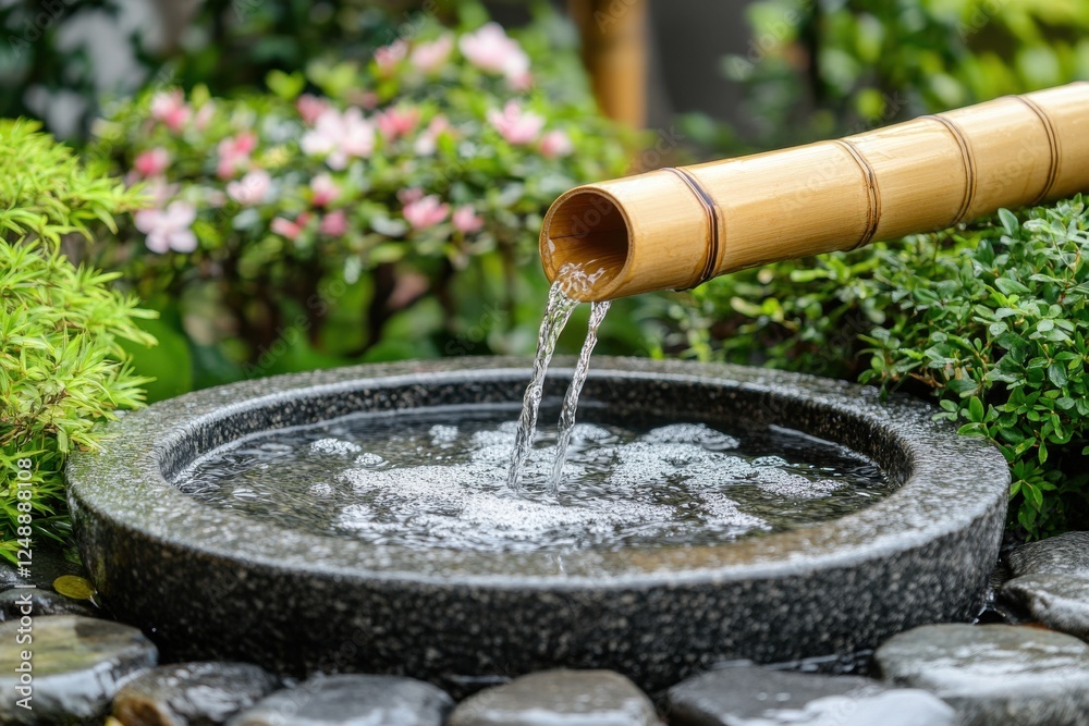 Serene water feature: Bamboo pipe gently pours water into a stone basin, creating a tranquil garden scene. Serene water feature: Bamboo pipe gently pours water into a stone basin, creating a tranquil garden scene.