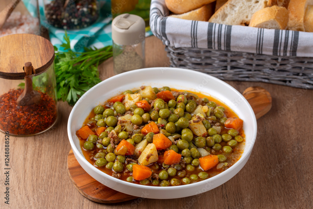 Traditional delicious Turkish food; Peas with minced meat (Turkish name; Kiymali bezelye yemegi)
