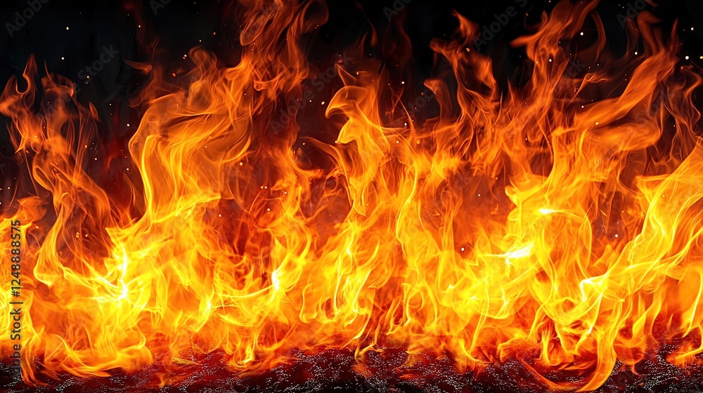 Intense fire flames roaring, close-up view. Intense fire flames roaring, close-up view.
