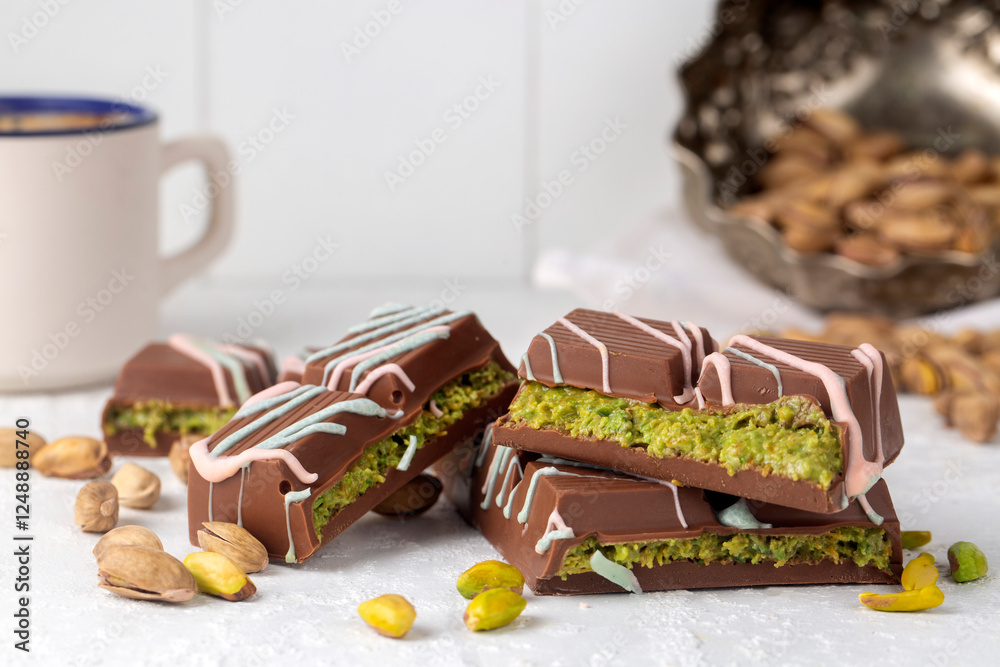 Dubai chocolate, milk chocolate filled with peanut butter and kunefe