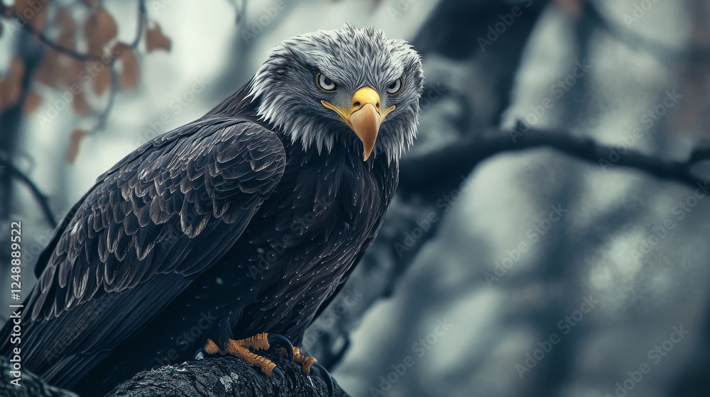 Majestic bald eagle perched on a tree branch during a foggy morning in a forest setting Majestic bald eagle perched on a tree branch during a foggy morning in a forest setting