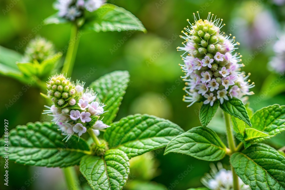 Mint leaves and flowers close-up flower wallpaper concept Mint leaves and flowers close-up flower wallpaper concept