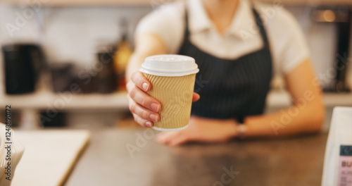 Cafe, hands and business owner with coffee cup for order, service and customer sale. Entrepreneur, waiter or barista with warm drink for restaurant, bistro or caffeine takeaway with cappuccino latte