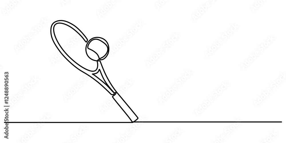 Tennis Continuous Line Illustration, tennis ball and racket one line drawing, Tennis Racket hit ball close up, outline pro vector illustration on white background. minimal concept simple style. Tennis Continuous Line Illustration, tennis ball and racket one line drawing, Tennis Racket hit ball close up, outline pro vector illustration on white background. minimal concept simple style.