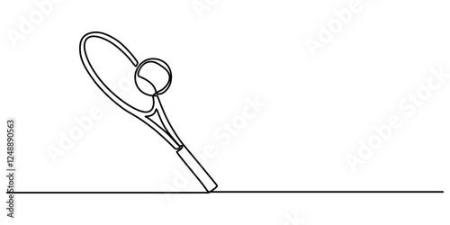 Tennis Continuous Line Illustration, tennis ball and racket one line drawing, Tennis Racket hit ball close up, outline pro vector illustration on white background. minimal concept simple style. 