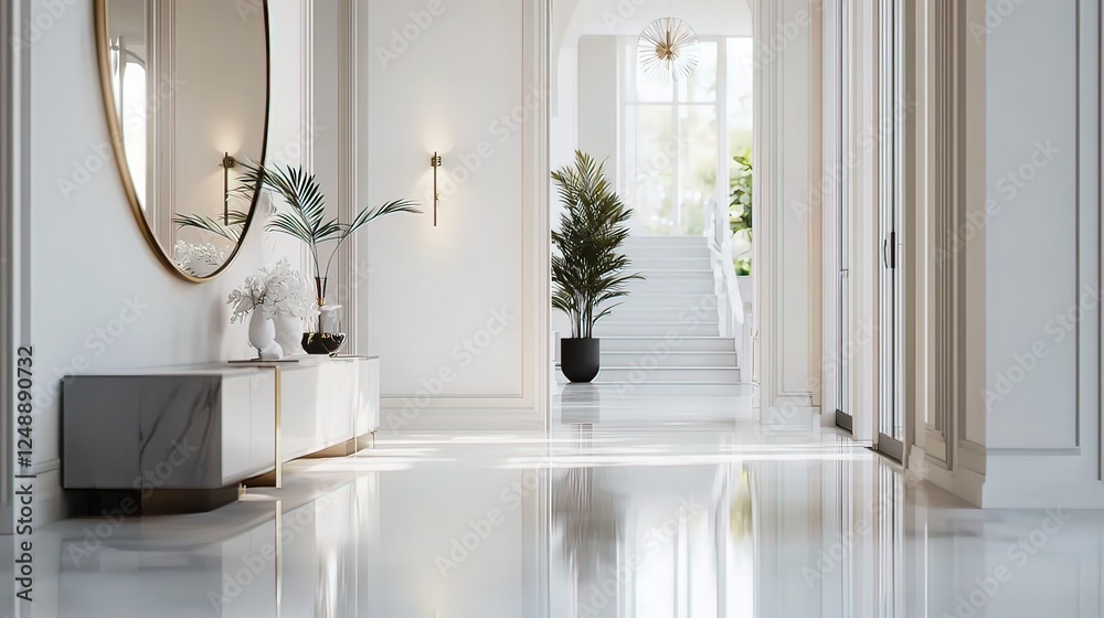 Luxurious, white, modern hallway with large mirror, console table, and potted plants. Luxurious, white, modern hallway with large mirror, console table, and potted plants.