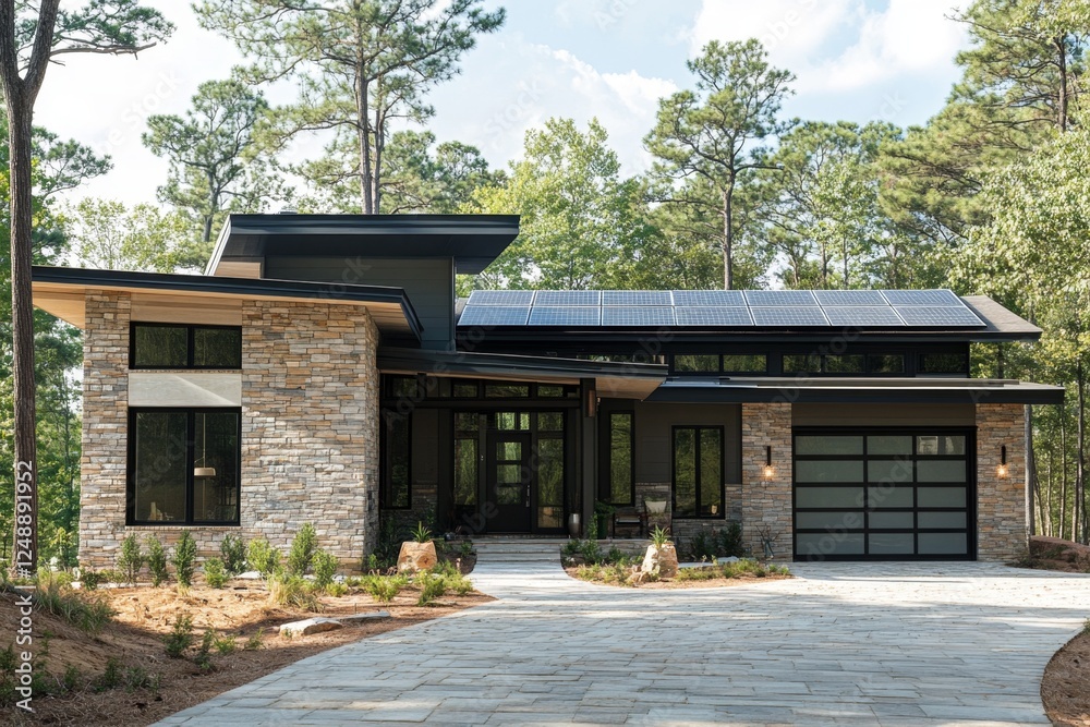 Modern stone house, solar panels, forest, driveway, real estate Modern stone house, solar panels, forest, driveway, real estate