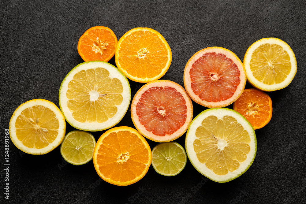 A bunch of oranges and limes are arranged in a circle on a black background. The oranges are in the center and the limes are on the right A bunch of oranges and limes are arranged in a circle on a black background. The oranges are in the center and the limes are on the right