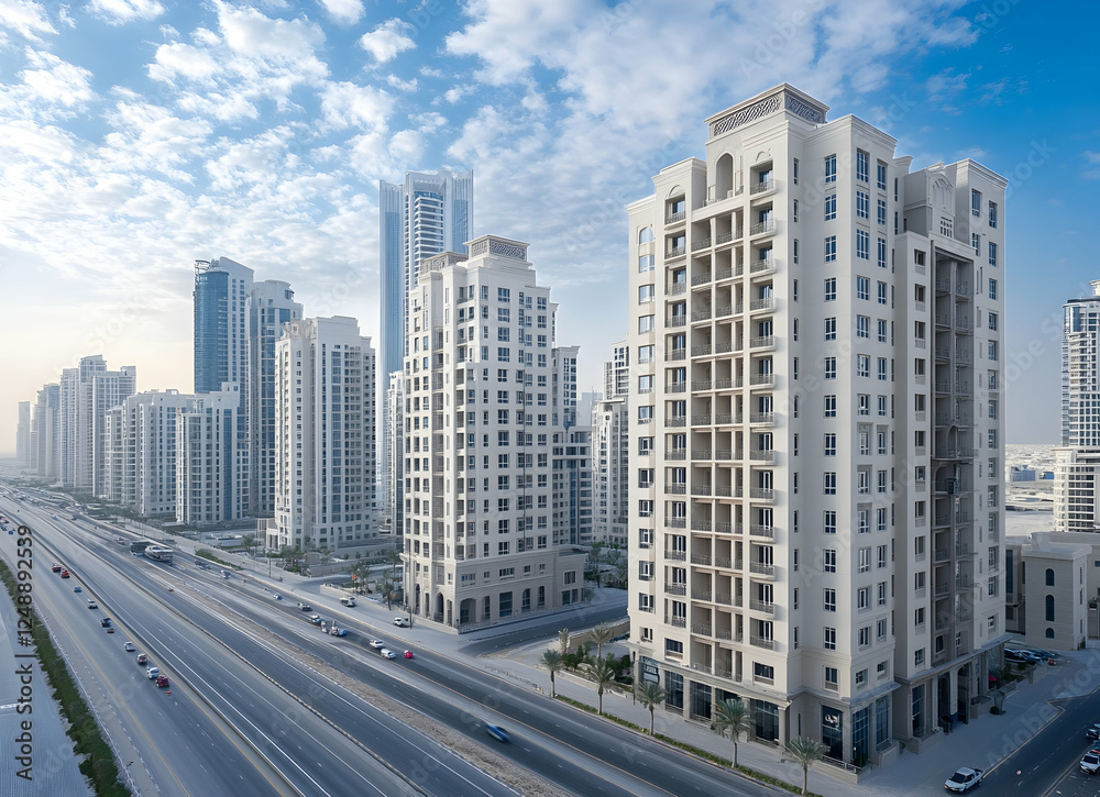 Elegant high-rise condominiums stand tall against a backdrop of a vibrant city highway and serene blue sky, reflecting urban life Elegant high-rise condominiums stand tall against a backdrop of a vibrant city highway and serene blue sky, reflecting urban life