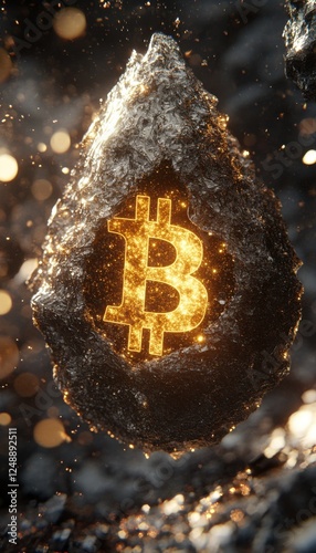 A glowing Bitcoin symbol emerges from a dark, metallic, teardrop-shaped rock, signifying digital currency's value and hidden potential.