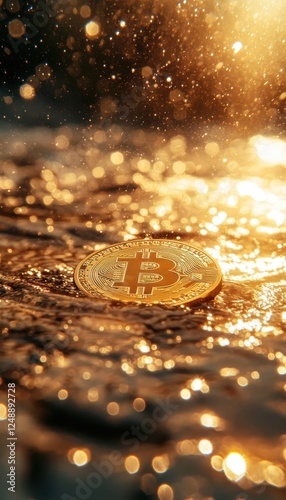 Golden cryptocurrency coin rests gently on shimmering water, reflecting the sun's radiant glow. A symbol of digital wealth.