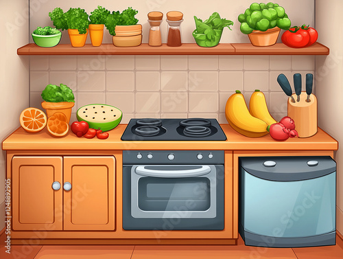 Cartoon food image: a kitchen counter filled with food in a vibrant illustration.