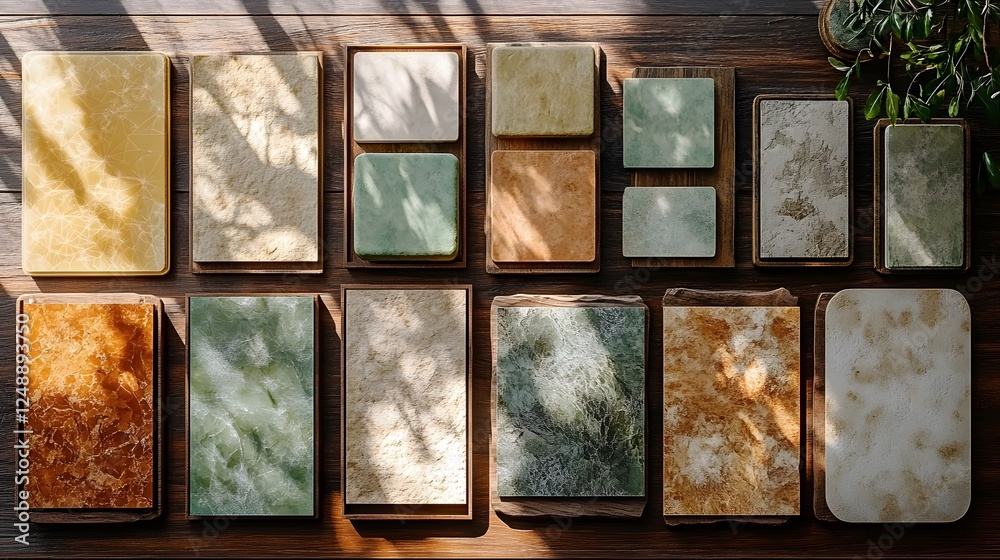 Low-poly style guides displayed on a wooden desk with marble tiles showcasing design aesthetics and color schemes