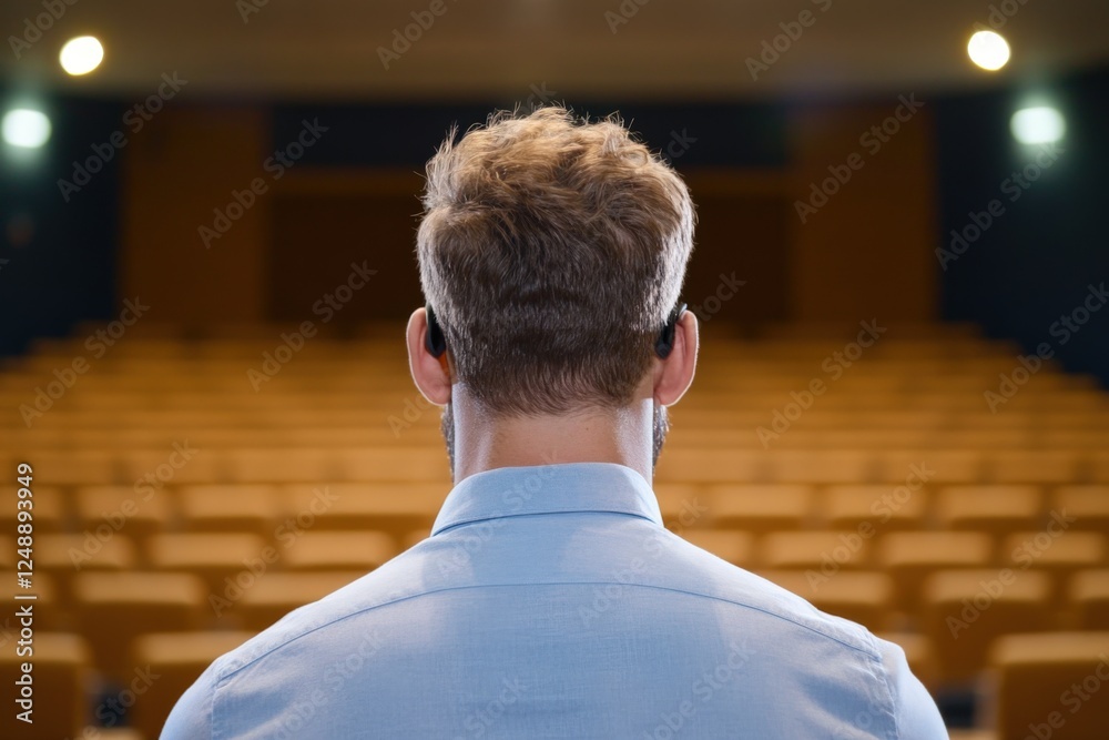 Fototapeta premium man facing empty auditorium wearing earbuds