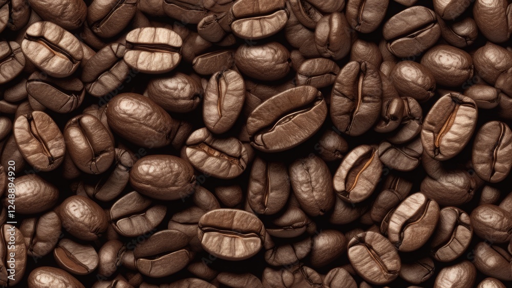 Obraz premium Close-up background of roasted coffee beans with rich brown tones and detailed texture. Aromatic and full of depth, perfect for coffee-related themes, cafes, and beverage advertising