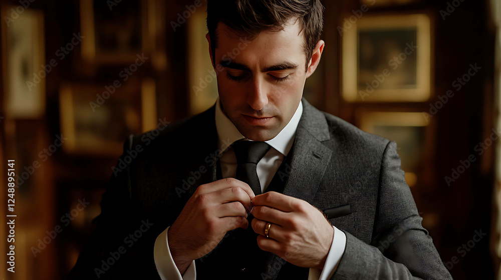 A groom fixing his cufflinks in a classic suit A groom fixing his cufflinks in a classic suit
