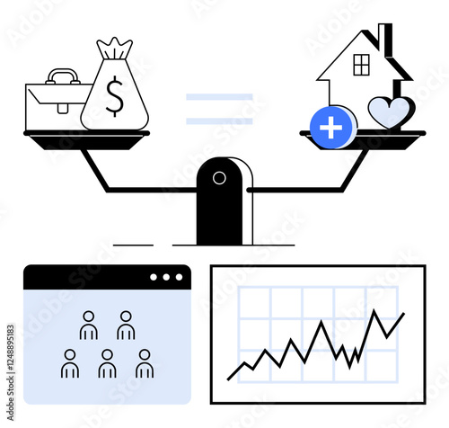 Scales with money and house symbols balanced, web page with people, and graph chart. Ideal for financial decisions, work-life balance, investments, priorities, business, analytics abstract line flat