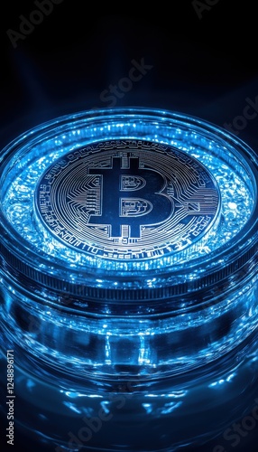 A glowing cryptocurrency coin, encased in glass, illuminated with blue light.  Digital currency in a futuristic setting.