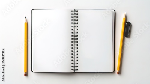 Open spiral-bound notebook with two pencils and an eraser, on a white surface. photo